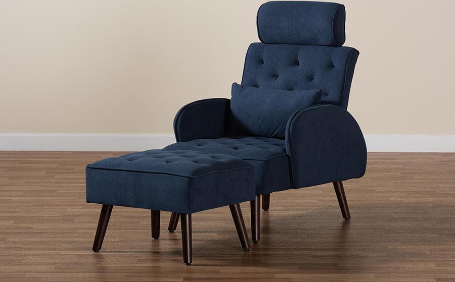 Wholesale Interiors Living Room Sets - Haldis Navy Blue velvet and Walnut Brown Finished Wood 2-Piece Recliner Chair and Ottoman Set
