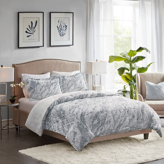 Olliix.com Comforters & Blankets - Marble Faux Fur Comforter Set Grey/Blue King