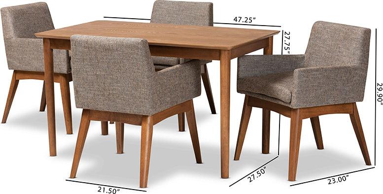 Wholesale Interiors Dining Sets - Dorina Mid-Century Modern Gravel Fabric and Walnut Brown Wood 5-Piece Dining Set