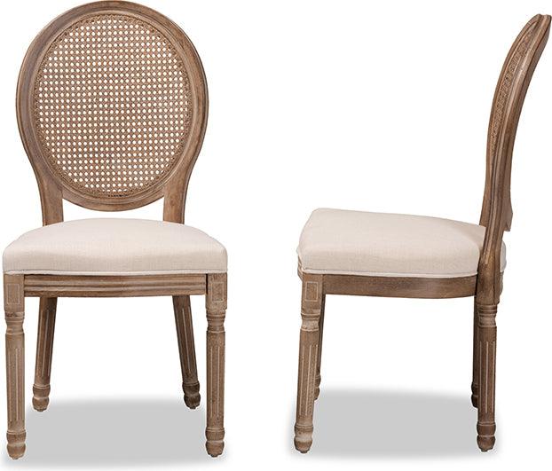 Wholesale Interiors Dining Chairs - Louis Beige Fabric and Antique Brown Finished Wood 2-Piece Dining Chair Set with Rattan
