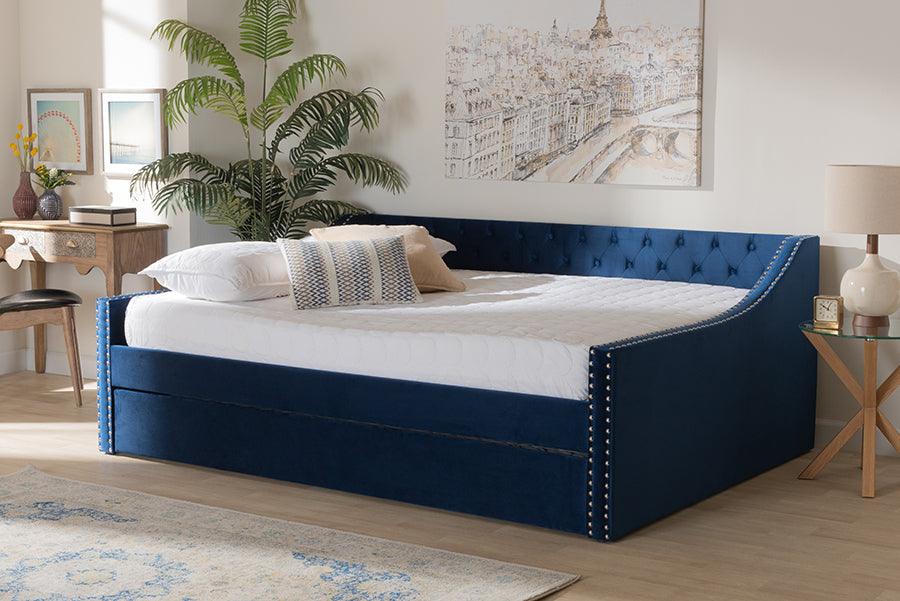 Wholesale Interiors Daybeds - Raphael Navy Blue Velvet Fabric Upholstered Full Size Daybed with Trundle