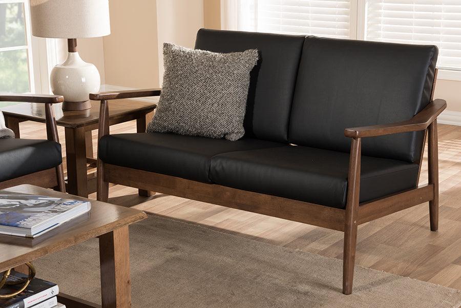 Wholesale Interiors Loveseats - Venza Mid-Century Modern Walnut Wood Black Faux Leather 2-Seater Loveseat