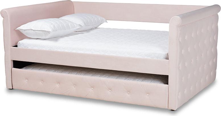 Wholesale Interiors Daybeds - Amaya Modern and Contemporary Light Pink Velvet Queen Size Daybed with Trundle