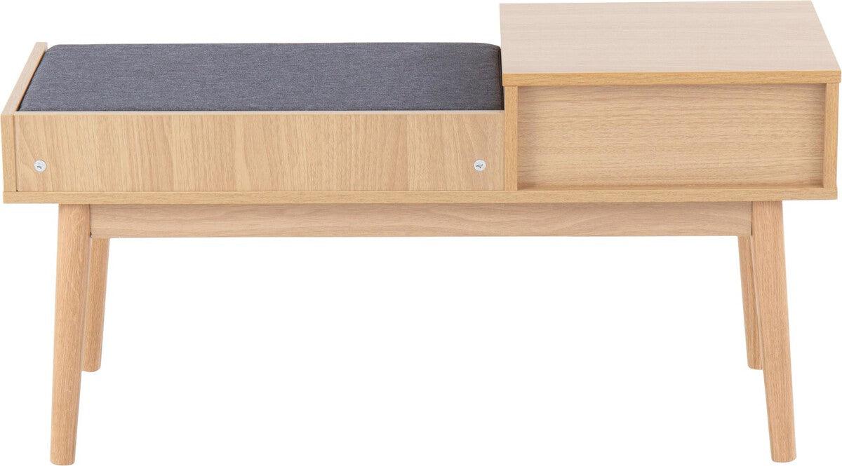 Lumisource Benches - Telephone Contemporary Bench in Natural Wood and Grey Fabric with Pull-Out Drawer