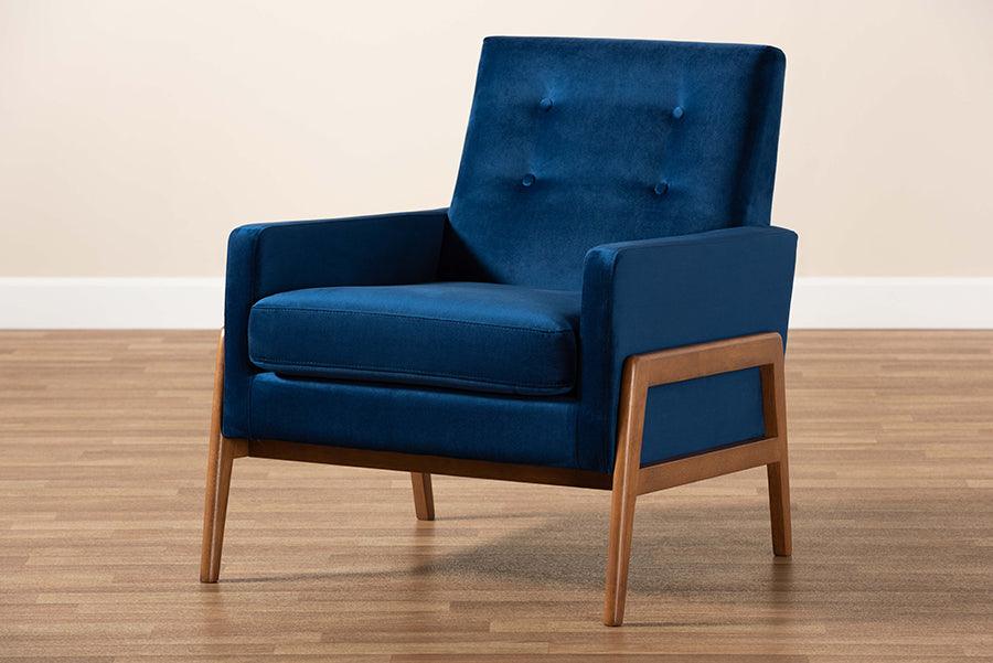 Wholesale Interiors Accent Chairs - Perris Navy Blue Velvet Fabric Upholstered and Walnut Brown Finished Wood Lounge Chair