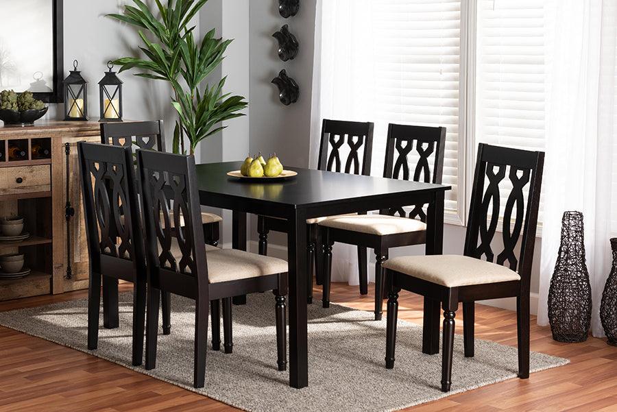Wholesale Interiors Dining Sets - Cherese Sand Fabric Upholstered and Dark Brown Finished Wood 7-Piece Dining Set