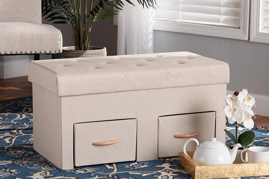 Wholesale Interiors Ottomans & Stools - Gerwin Modern Beige Fabric and Brown Wood 2-Drawer Storage Ottoman