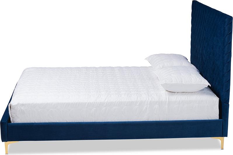 Wholesale Interiors Beds - Fabrico Glam and Luxe Navy Blue Velvet Fabric Upholstered and Gold Metal Full Size Platform Bed