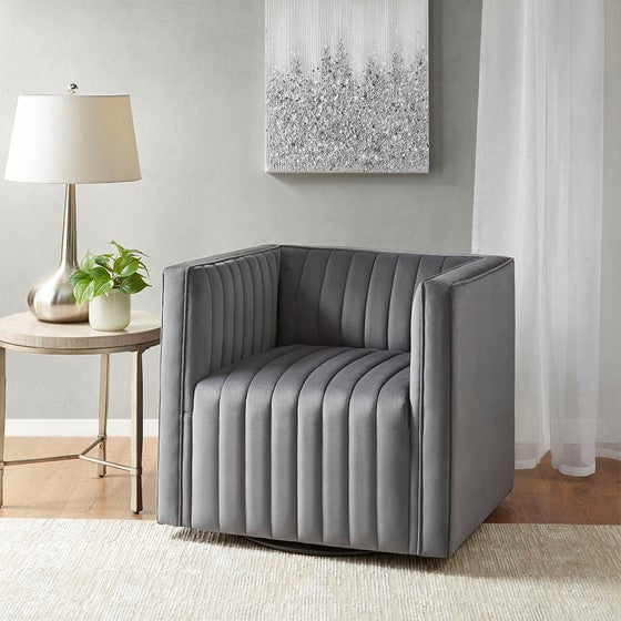 Olliix.com Accent Chairs - Channel Tufted Swivel Armchair Gray