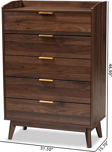 Wholesale Interiors Chest of Drawers - Lena Mid-Century Modern Walnut Brown Finished 5-Drawer Wood Chest