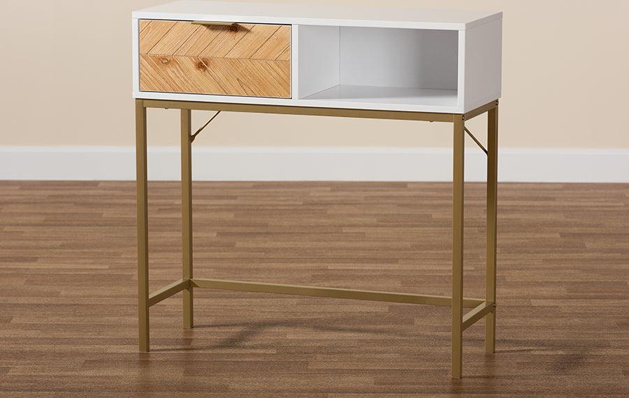 Wholesale Interiors Consoles - Giona Two-Tone Oak Brown and White Finished Wood and Gold Metal 1-Drawer Console Table