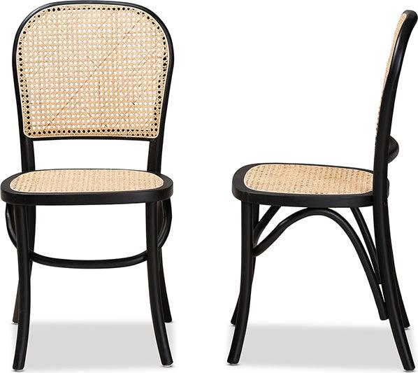 Wholesale Interiors Dining Chairs - Cambree Mid-Century Brown Woven Rattan and Black Wood 2-Piece Cane Dining Chair Set