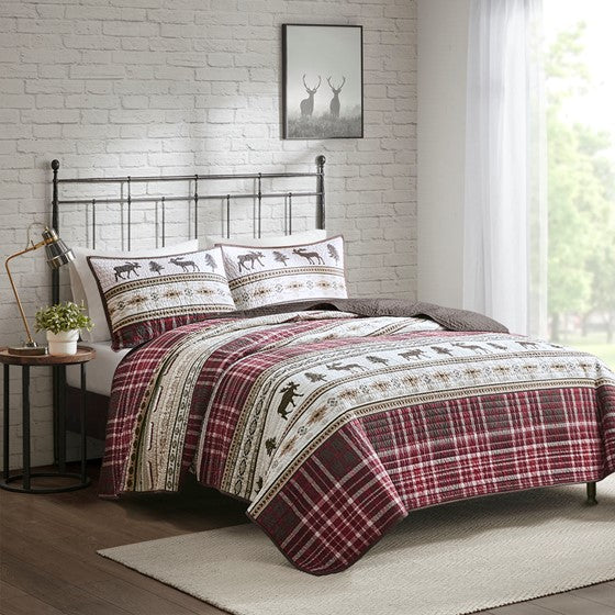 Olliix.com Coverlet - Oversized 3 PC Microfiber Quilt Set Red/Brown Full/Queen