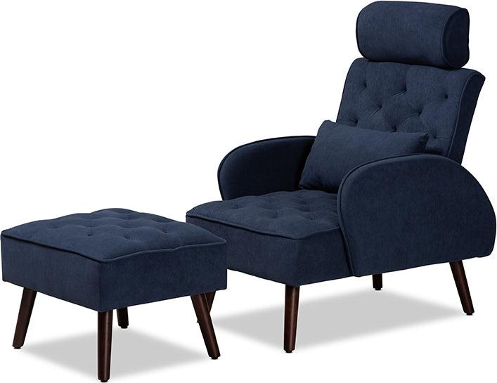 Wholesale Interiors Living Room Sets - Haldis Navy Blue velvet and Walnut Brown Finished Wood 2-Piece Recliner Chair and Ottoman Set