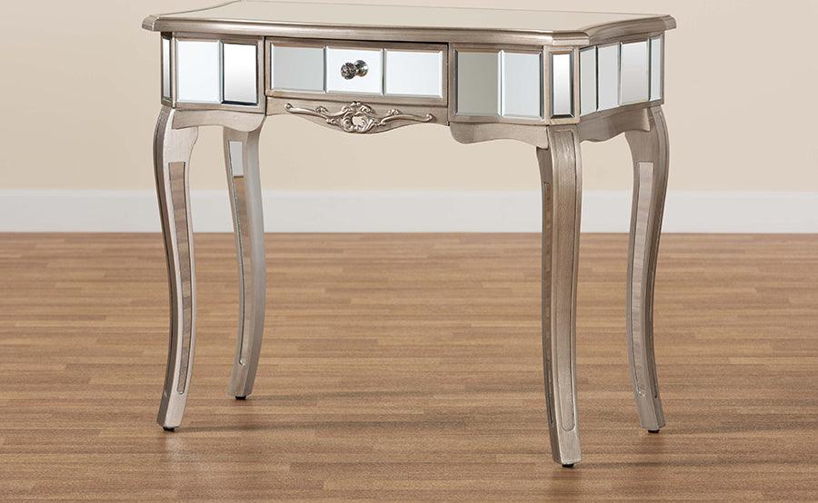 Wholesale Interiors Consoles - Elgin Glam and Luxe Brushed Silver Finished Wood and Mirrored Glass 1-Drawer Console Table