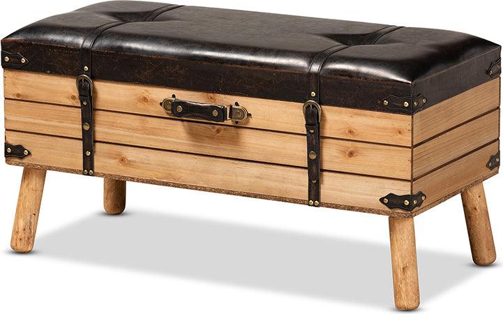 Wholesale Interiors Ottomans & Stools - Amena Rustic Dark Brown PU Leather Upholstered and Oak Finished Wood Large Storage Ottoman