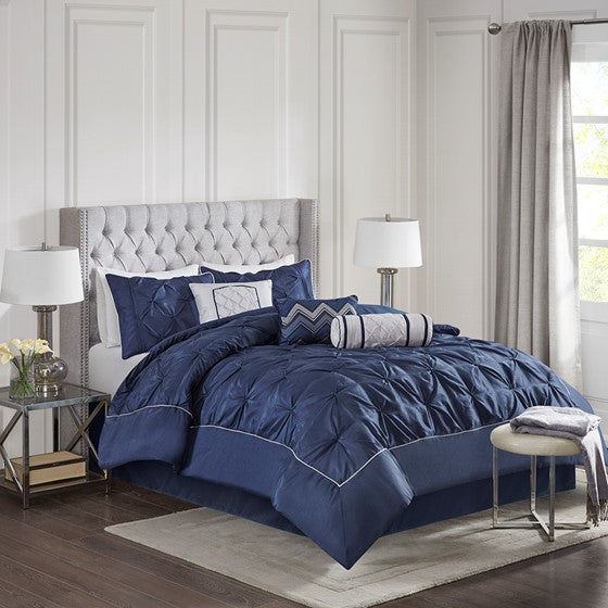 Olliix.com Comforters & Blankets - 7 Piece Tufted Comforter Set Navy Cal King