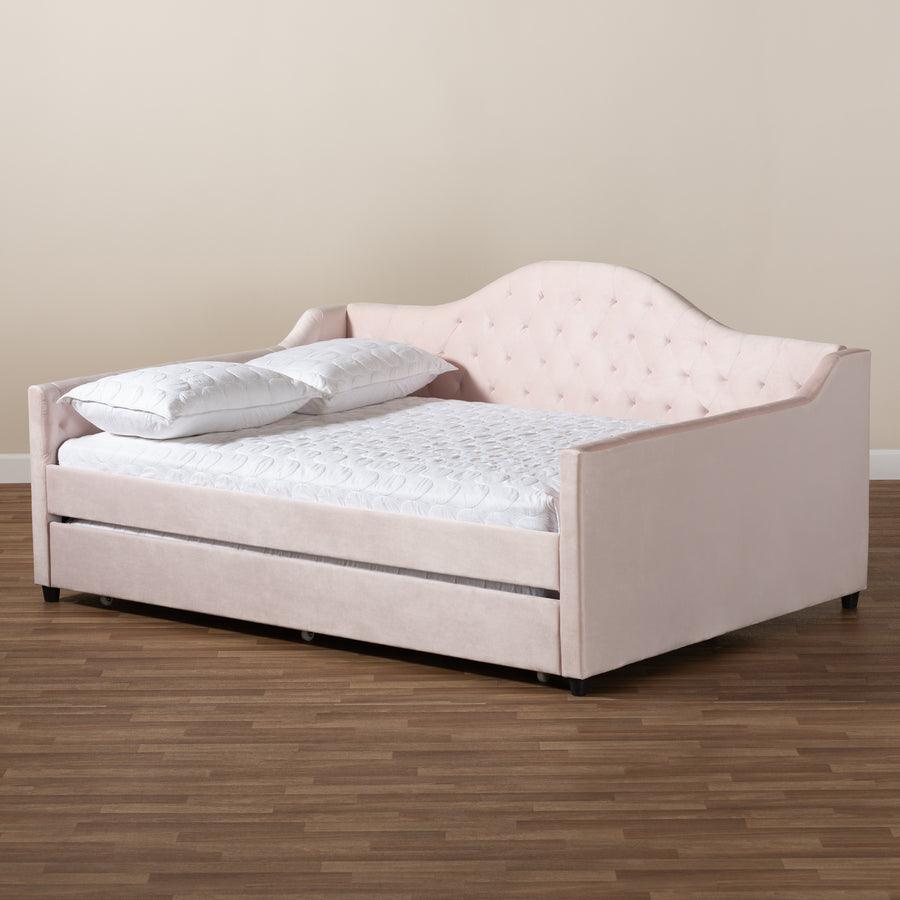 Wholesale Interiors Daybeds - Perry Light Pink Velvet & Button Tufted Queen Size Daybed with Trundle