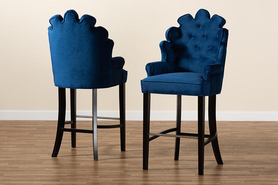 Wholesale Interiors Barstools - Chloe Navy Blue Velvet Upholstered and Dark Brown Finished Wood 2-Piece Bar Stool Set