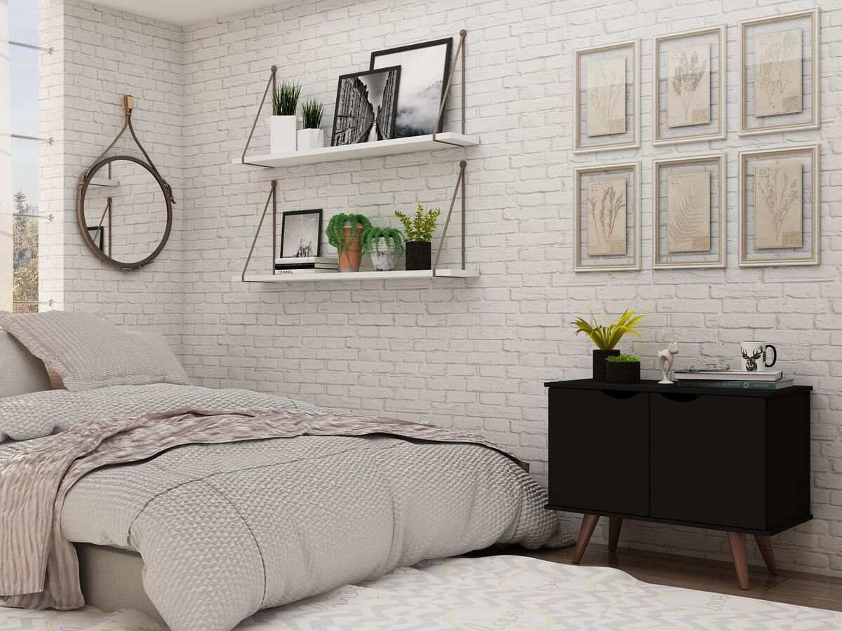 Manhattan Comfort Side & End Tables - Hampton 33.07 Accent Cabinet with 2 Shelves Solid Wood Legs in Black