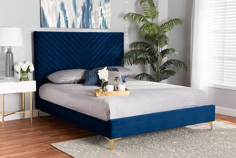Wholesale Interiors Beds - Fabrico Glam and Luxe Navy Blue Velvet Fabric Upholstered and Gold Metal Queen Size Platform Bed