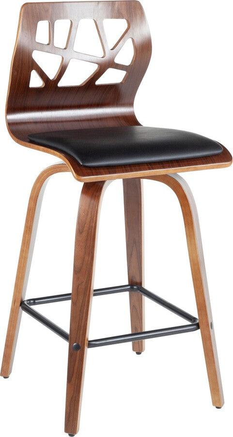 Lumisource Barstools - Folia Mid-Century Modern Counter Stool in Walnut Wood and Black Faux Leather - Set of 2