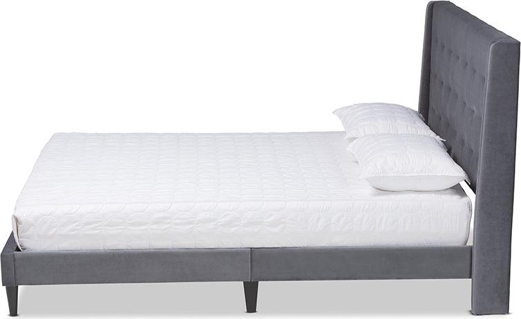 Wholesale Interiors Beds - Gothard Grey Velvet Fabric Upholstered and Dark Brown Finished Wood Queen Size Platform Bed