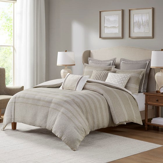 Olliix.com Comforters & Blankets - 9 Piece Oversized Jacquard Comforter Set with Euro Shams and Throw Pillows Natural/Beige Cal King