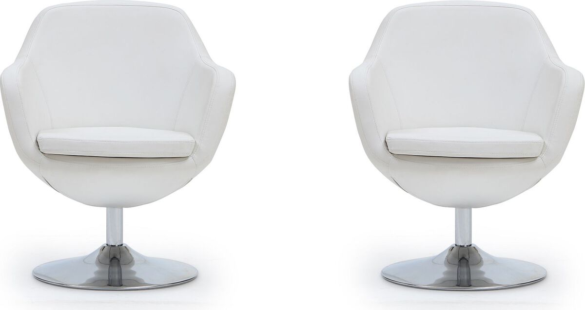 Manhattan Comfort Accent Chairs - Caisson White and Polished Chrome Faux Leather Swivel Accent Chair (Set of 2)
