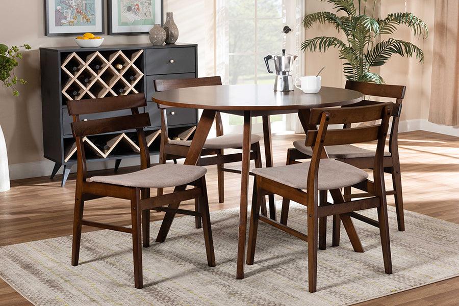 Wholesale Interiors Dining Sets - Eiko Light Beige Fabric Upholstered and Walnut Brown Finished Wood 5-Piece Dining Set