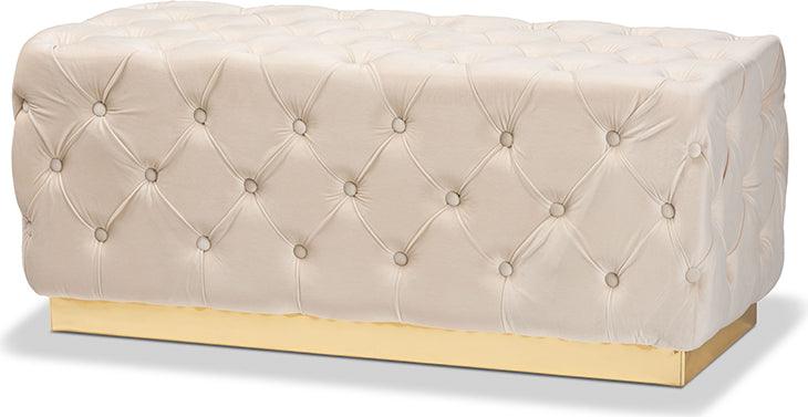 Wholesale Interiors Ottomans & Stools - Corrine Glam and Luxe Beige Velvet Fabric Upholstered and Gold PU Leather Ottoman