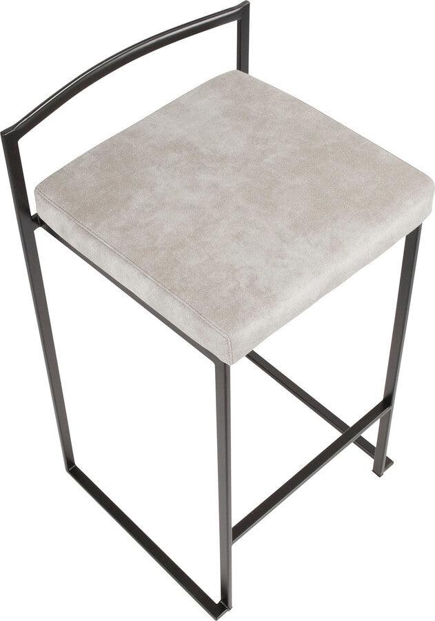 Lumisource Barstools - Fuji Stackable Counter Stool in Black with Light Grey Cowboy Fabric Cushion - Set of 2