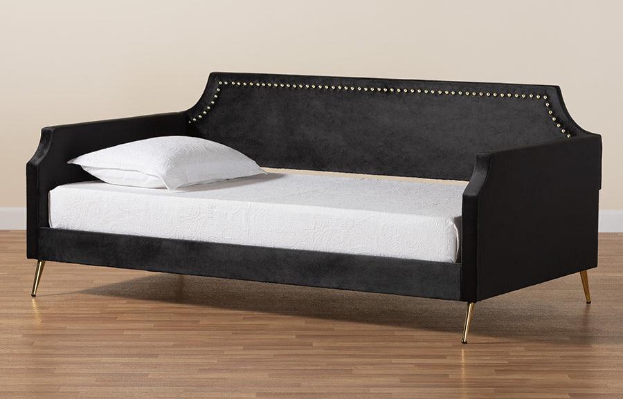 Wholesale Interiors Daybeds - Pita Traditional Glam and Luxe Black Velvet and Gold Metal Twin Size Daybed