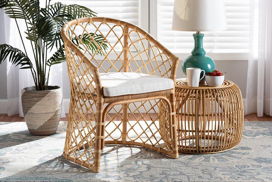 Wholesale Interiors Dining Chairs - Orchard Modern Bohemian White Fabric Upholstered and Natural Brown Rattan Dining Chair