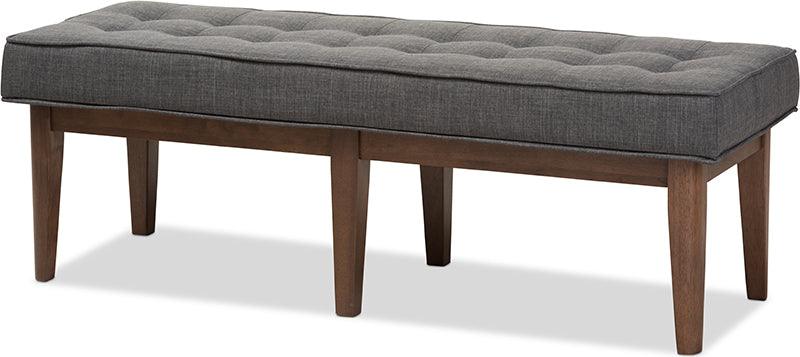 Wholesale Interiors Benches - Lucca Mid-Century Modern Walnut Wood Dark Grey Fabric Button-Tufted Bench