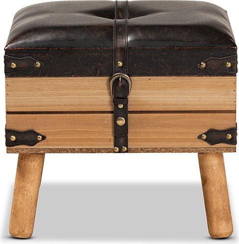 Wholesale Interiors Ottomans & Stools - Amena Rustic Dark Brown PU Leather Upholstered and Oak Finished Wood Small Storage Ottoman