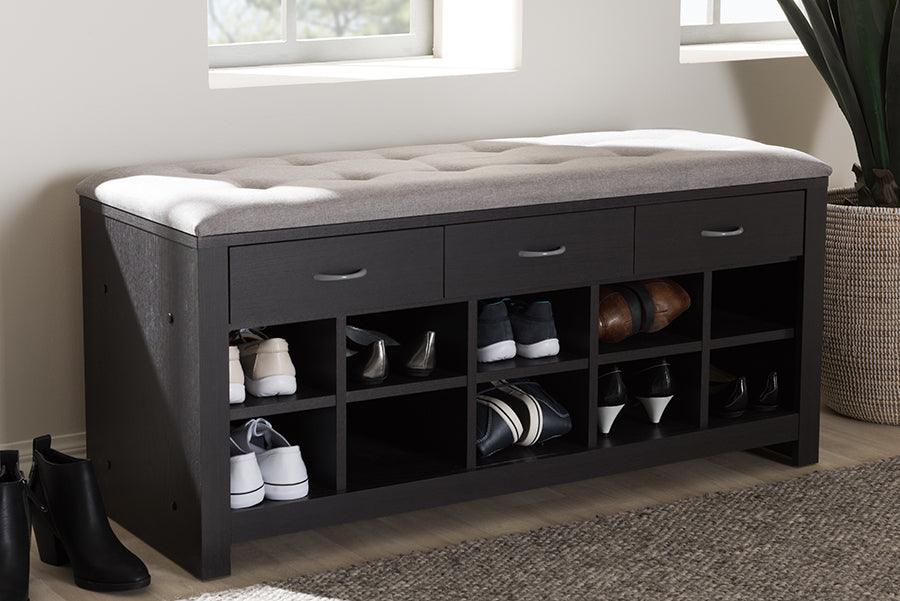Wholesale Interiors Shoe Storage - Contemporary Espresso Finished Grey Fabric Upholstered Cushioned Entryway Bench