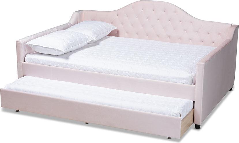 Wholesale Interiors Daybeds - Perry Light Pink Velvet Fabric Upholstered And Button Tufted Full Size Daybed With Trundle