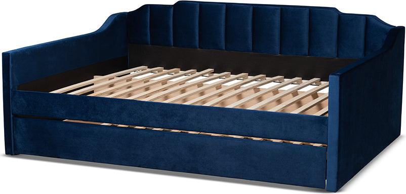 Wholesale Interiors Daybeds - Lennon Navy Blue Velvet Fabric Upholstered Queen Size Daybed with Trundle