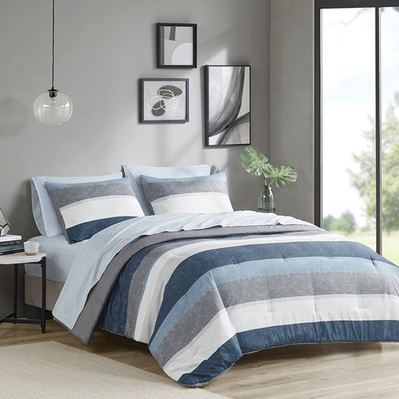 Olliix.com Comforters & Blankets - Comforter Set with Bed Sheets Blue/Grey Twin