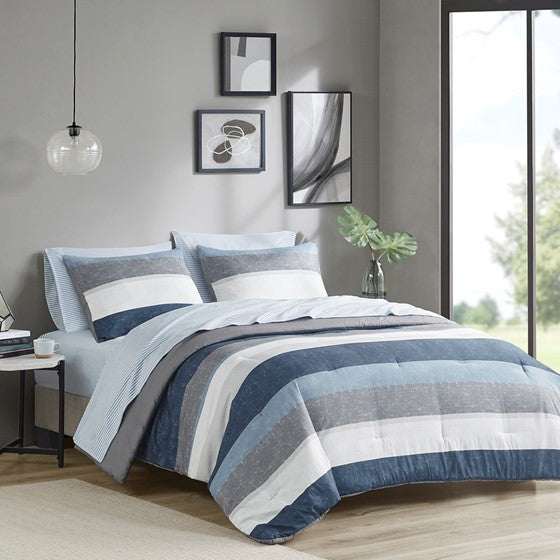 Olliix.com Comforters & Blankets - Comforter Set with Bed Sheets Blue/Grey Queen