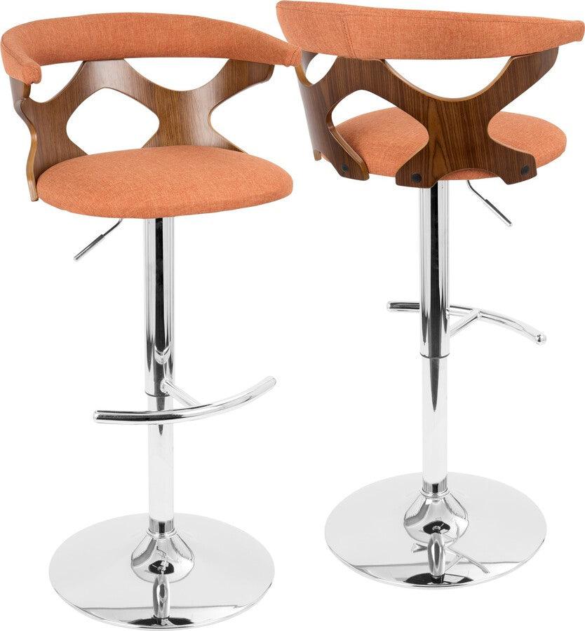 Lumisource Barstools - Gardenia Adjustable Barstool With Swivel In Chrome, Walnut Wood & Orange Fabric (Set of 2)