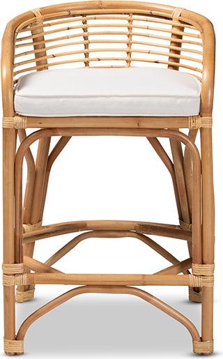 Wholesale Interiors Barstools - Maverick Modern Bohemian White Fabric Upholstered and Natural Brown Rattan Counter Stool