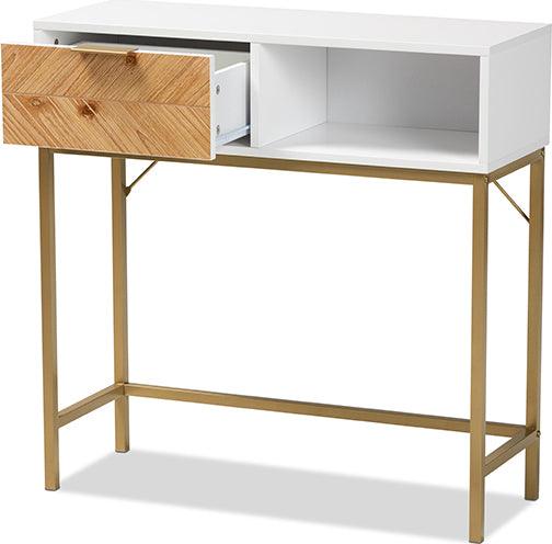 Wholesale Interiors Consoles - Giona Two-Tone Oak Brown and White Finished Wood and Gold Metal 1-Drawer Console Table