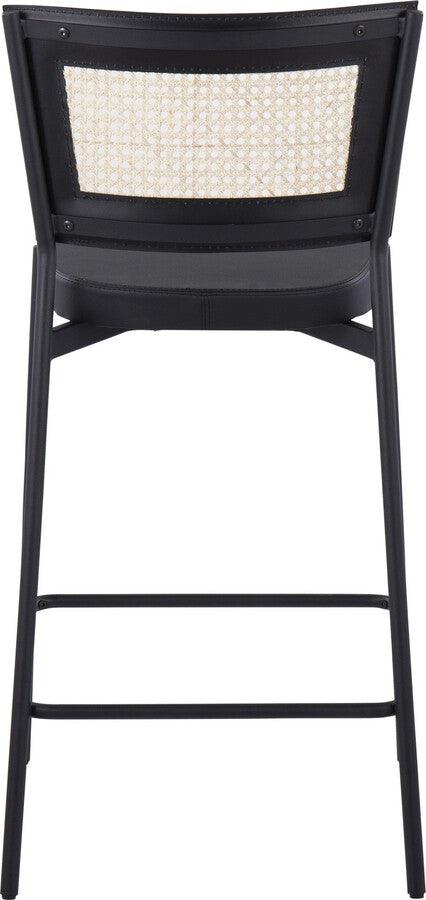 Lumisource Barstools - Rattan Tania Counter Stool In Black Metal, Black Faux Leather, & Rattan Back (Set of 2)