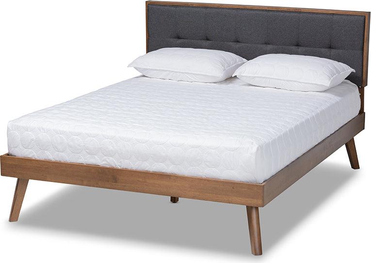 Wholesale Interiors Beds - Alke Mid-Century Modern Dark Grey Fabric Walnut Brown Wood Full Size Platform Bed