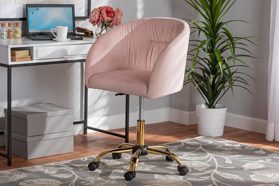 Wholesale Interiors Task Chairs - Ravenna Glam and Luxe Blush Pink Velvet Fabric and Gold Metal Swivel Office Chair