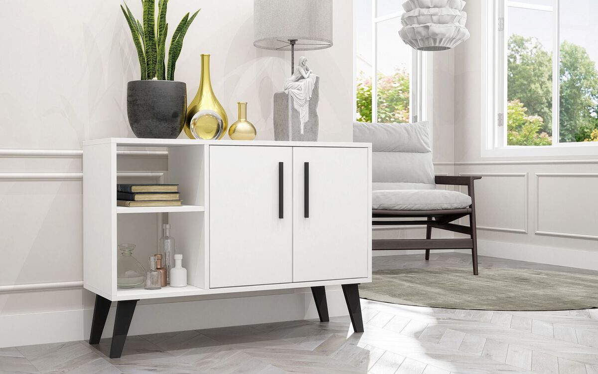 Manhattan Comfort Buffets & Sideboards - Mid-Century- Modern Amsterdam 35.43" Sideboard with 4 Shelves in White
