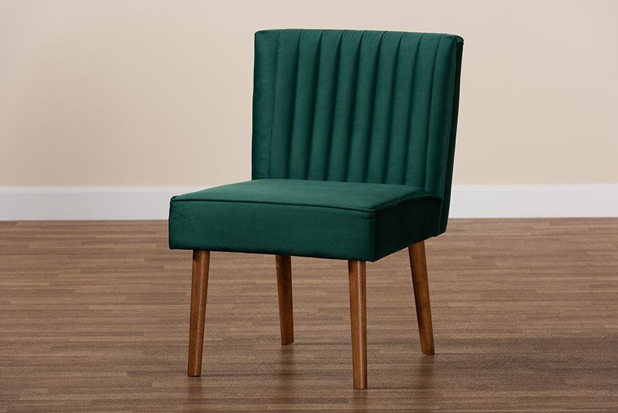 Wholesale Interiors Dining Chairs - Alvis Mid-Century Emerald Green Velvet Upholstered and Walnut Brown Finished Wood Dining Chair