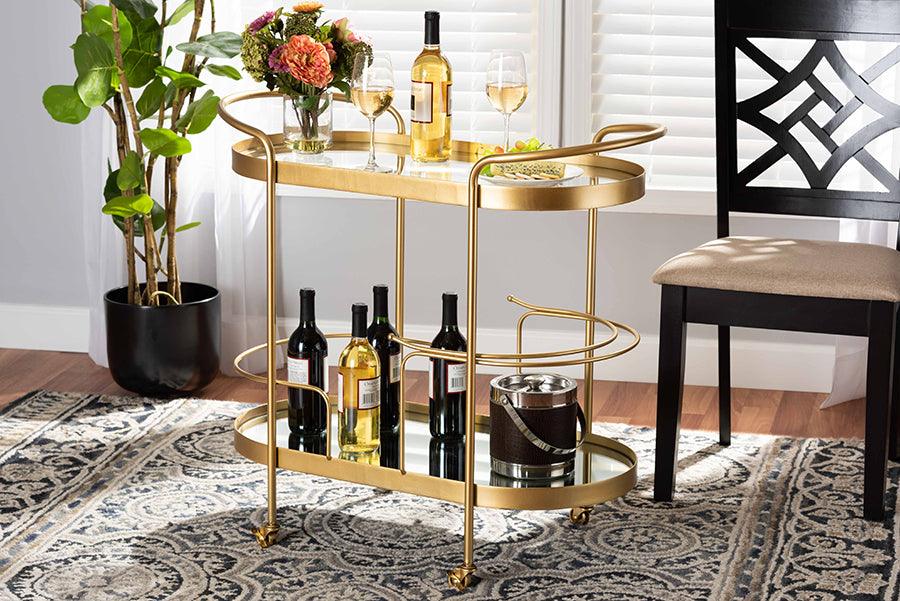 Wholesale Interiors Bar Units & Wine Cabinets - Kamal Glam Brushed Gold Finished Metal and Mirrored Glass 2-Tier Mobile Wine Bar Cart
